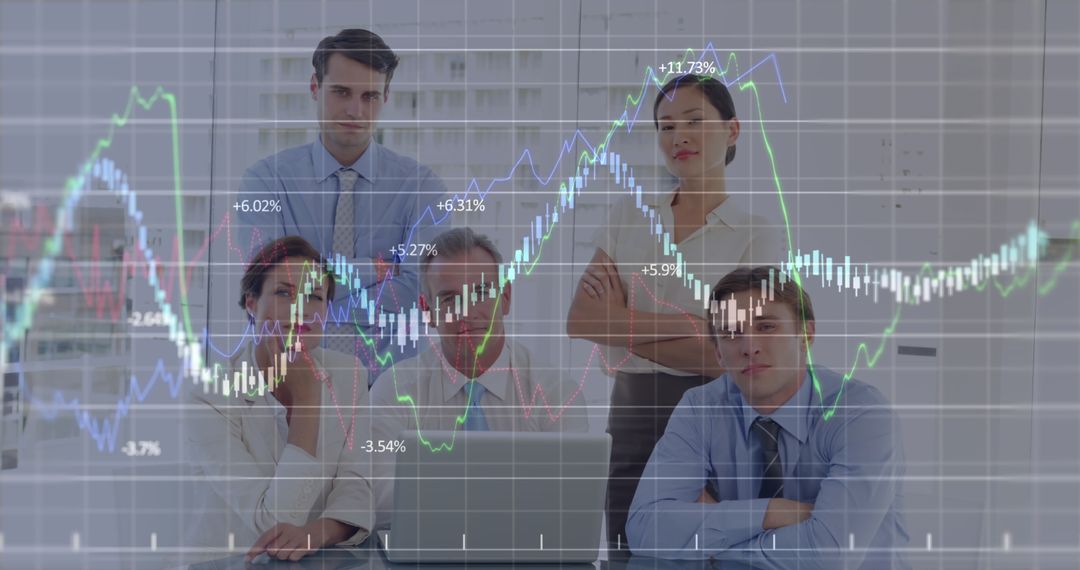 Business Team Analyzing Financial Graphs Overlay in Modern Office