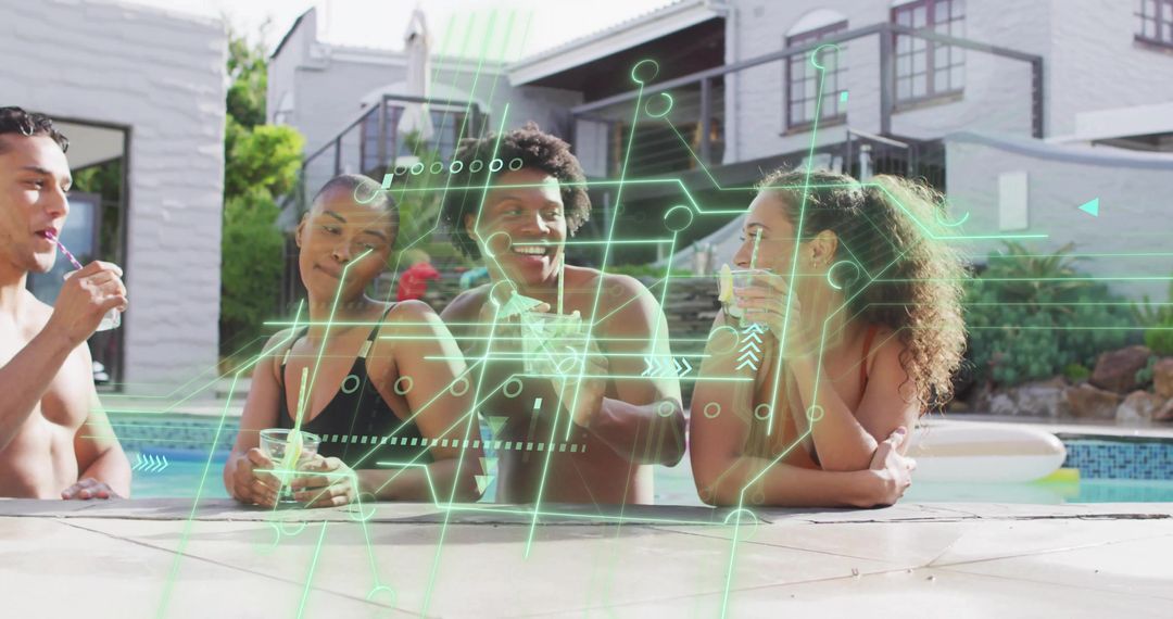 Friends relaxing by pool chatting and sipping drinks with futuristic digital overlay, backyard