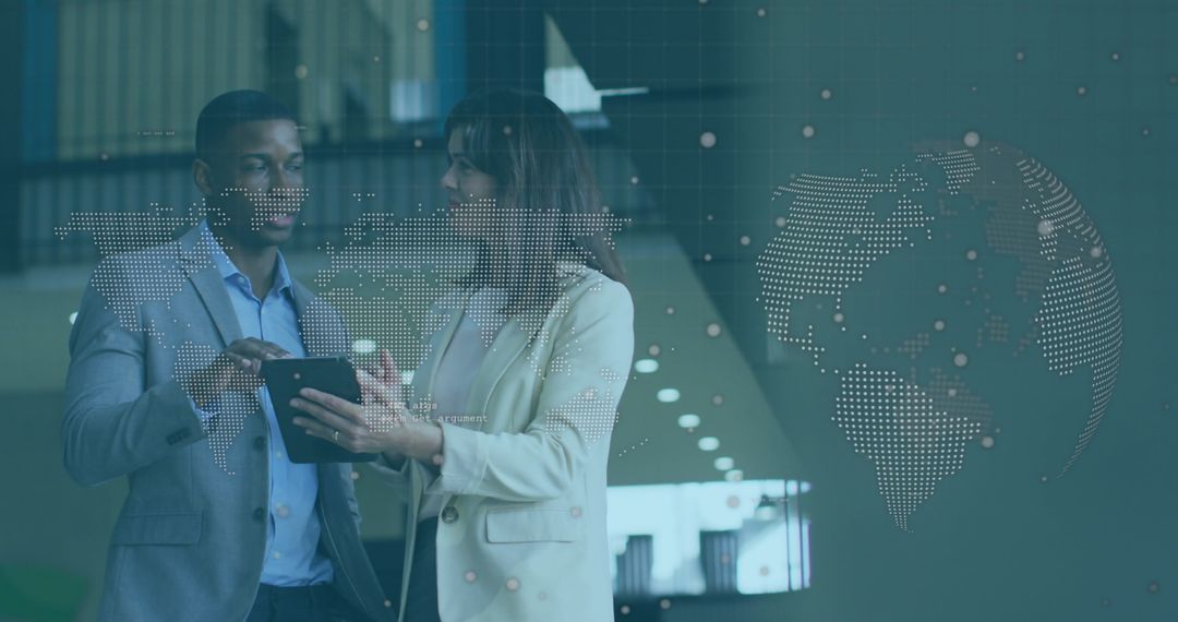Global Business Professionals Discussing with Digital Overlay