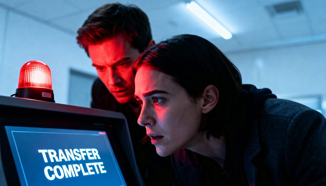 Operators Monitoring Critical Data Transfer Under Red Alert Beacon