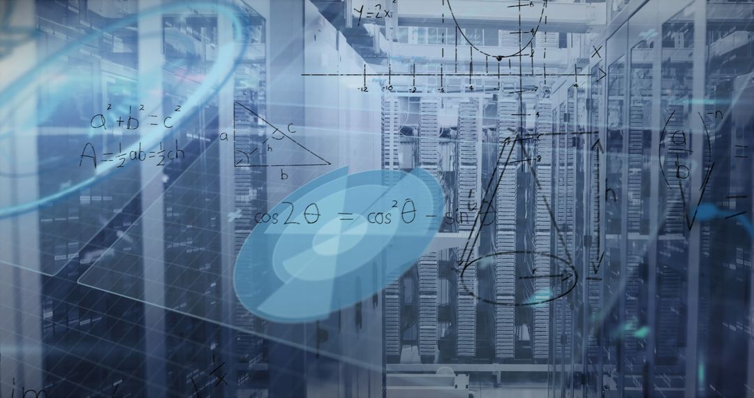 Futuristic Maths and Data Concepts over Server Room Background