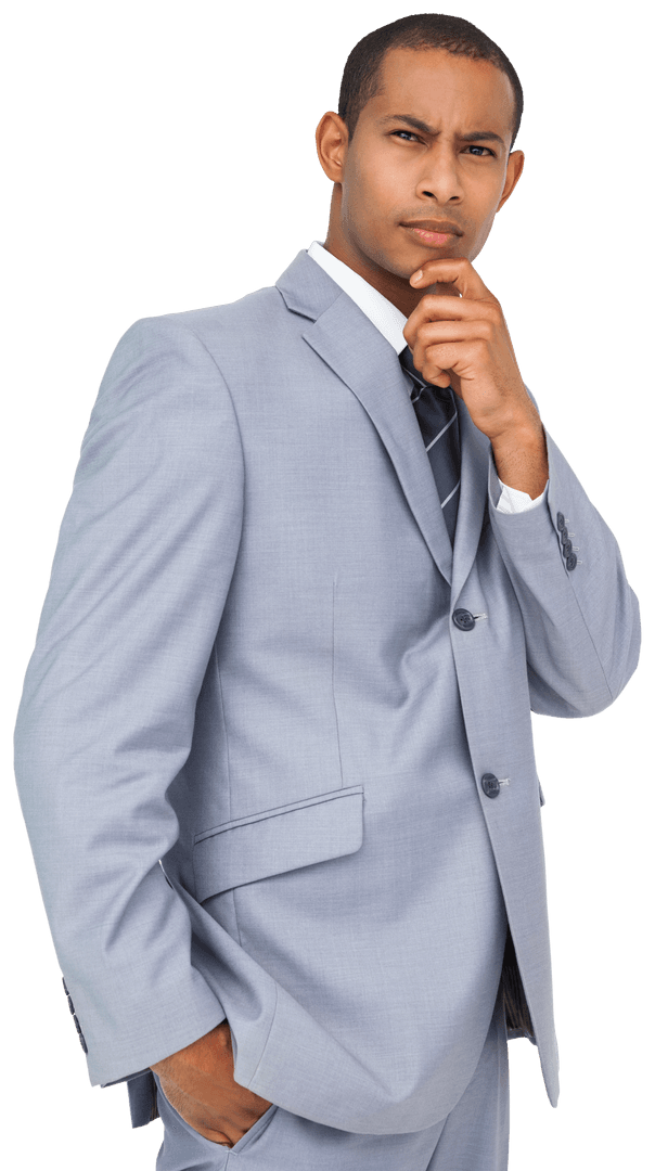 Thoughtful Biracial Businessman in Gray Suit on Transparent Background