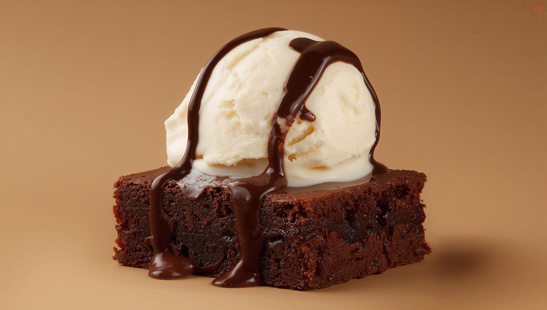 Melting Vanilla Ice Cream Topping Fudgy Brownie with Glossy Chocolate Drizzle