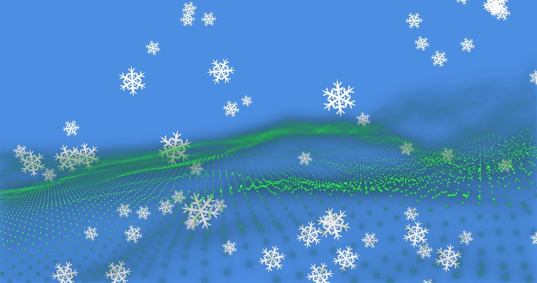 Falling Snowflakes over Green Digital Wave with Blue Backdrop