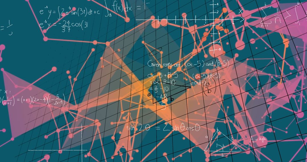 Futuristic Math Equations Overlay on Digital Wireframe Grid