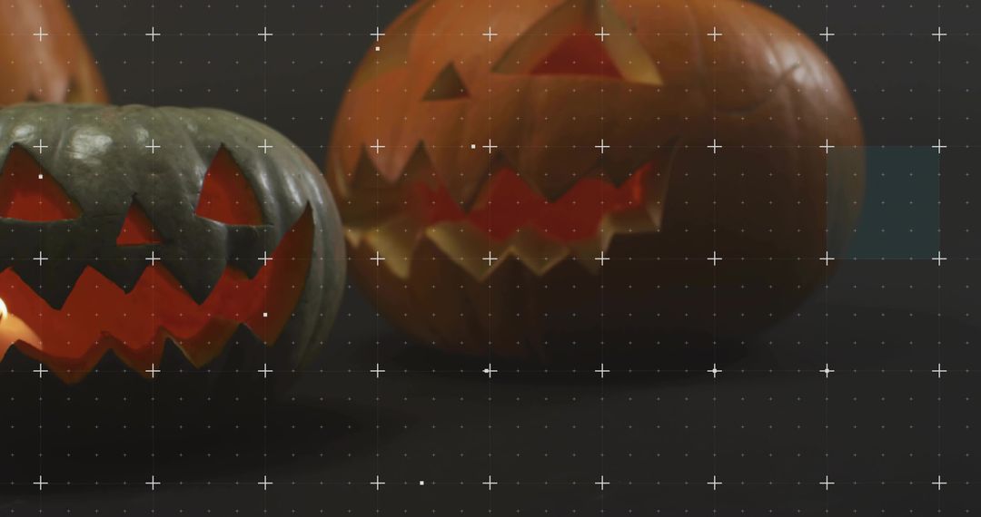 Glowing carved jack-o'-lanterns casting orange reflections on glossy tabletop with calibration grid
