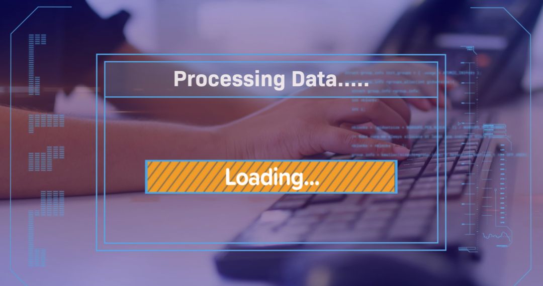 Businesswoman's Hands on Computer Keyboard with Data Processing Overlay