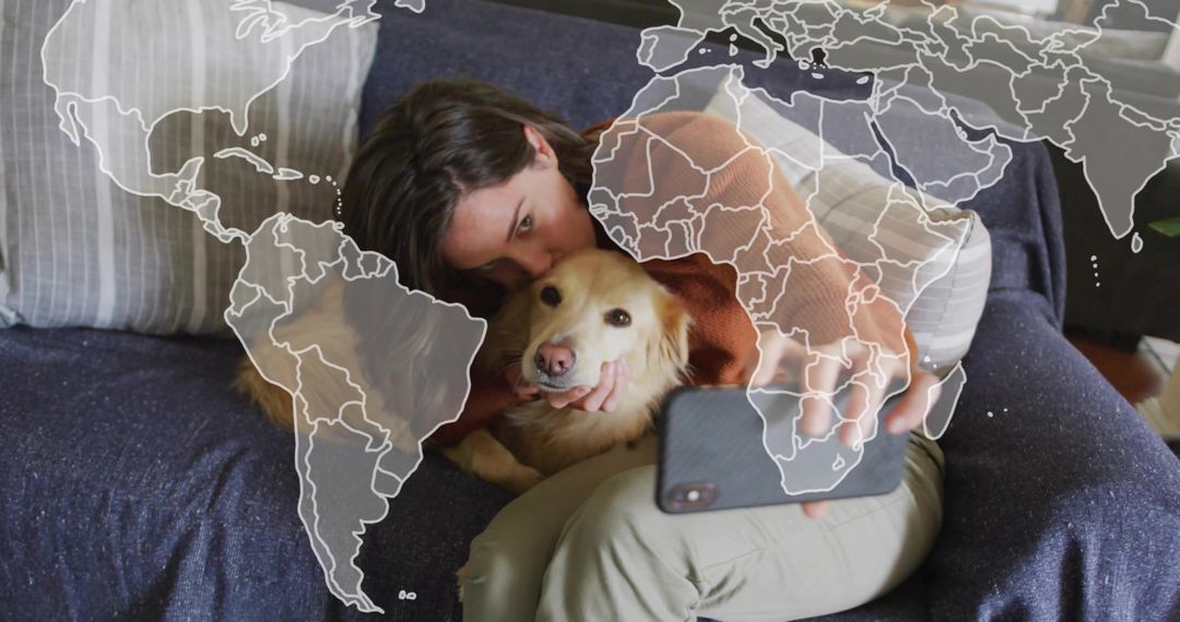 Woman Cuddling Golden Retriever While Taking Selfie with Map Overlay