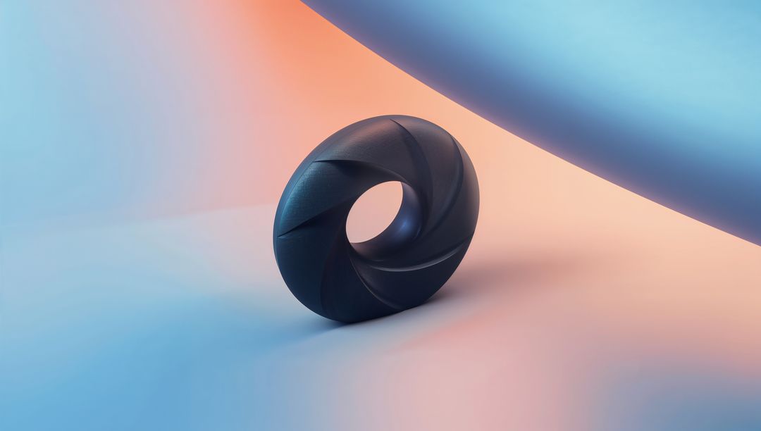 Matte Grooved Torus Sculpture in Duotone Blue and Peach Lighting on Minimal Curved Surface