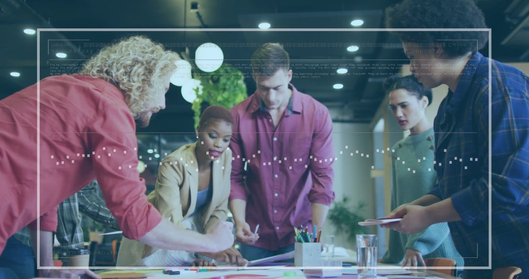 Team Analyzing Financial Data with Technology Overlay in Office