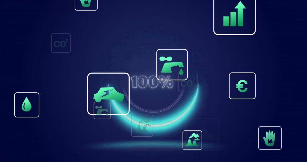 Sustainability Technology Icons on Dark Blue Background