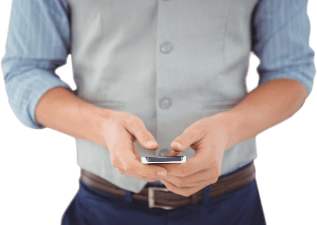 Businessman Typing on Phone with Transparent Background