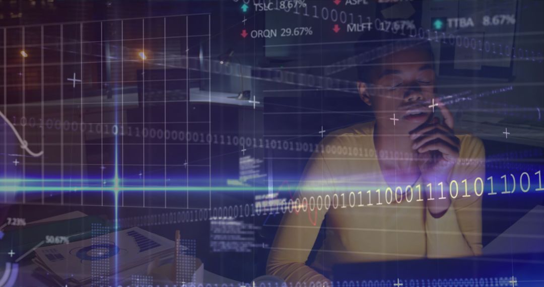 Businesswoman Analyzing Financial Data in Office at Night