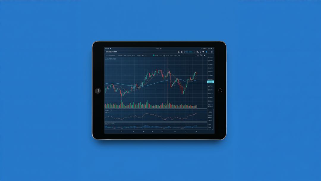 Tablet Displaying Bitcoin Candlestick Chart on Blue Background