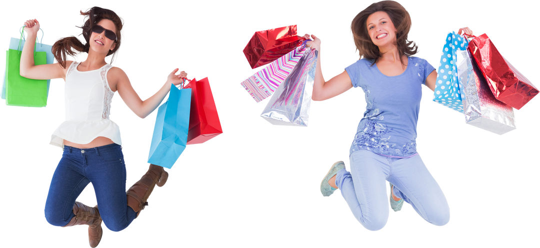 Two Women Happily Jumping with Shopping Bags Transparent Background - Download Free Stock Images Pikwizard.com