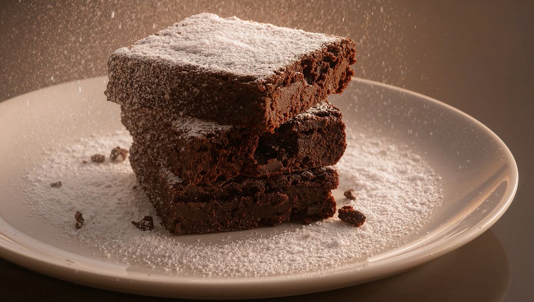 Fudgy Chocolate Brownies Dusting Powdered Sugar in Warm Studio Light