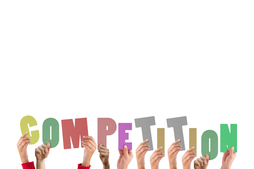 Hands Holding COLORFUL Competition Text on Transparent Background