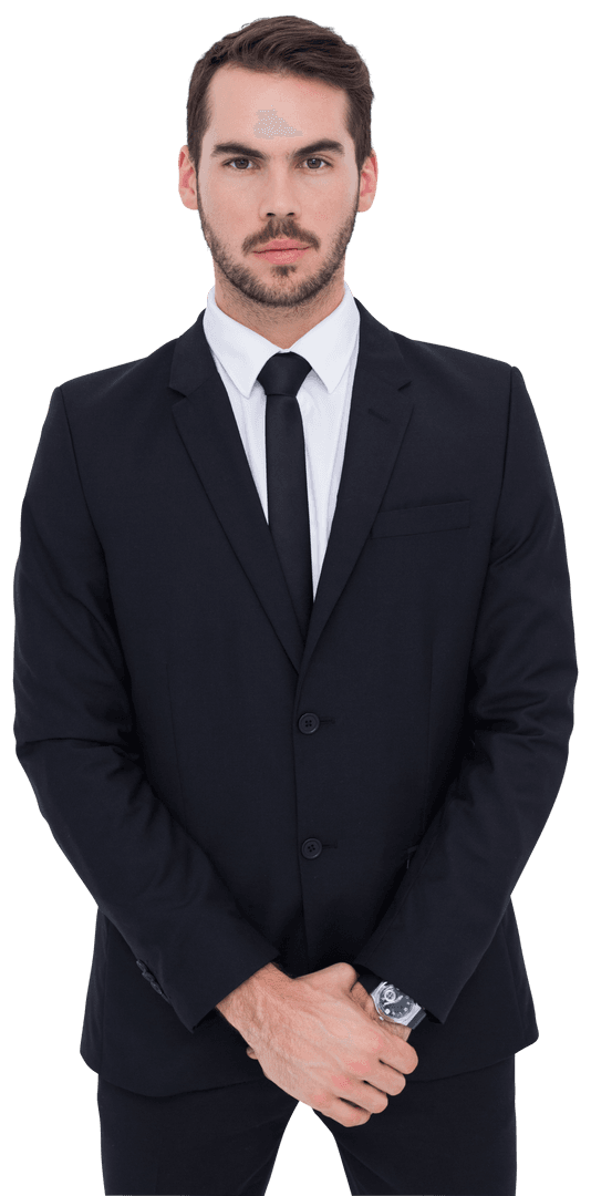 Transparent Confident Businessman in Black Suit Facing Forward