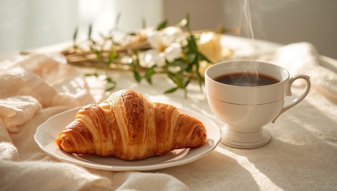 Savoring warm croissant with steaming coffee on linen table with soft morning light and flowers