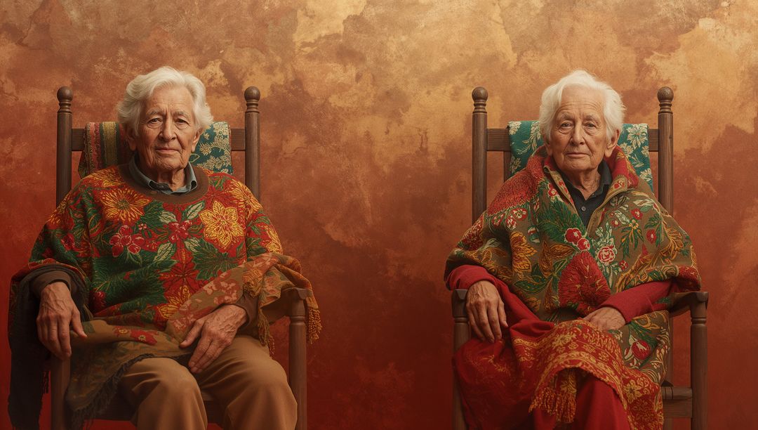 Two Senior Sisters in Floral Shawls Embracing Nostalgia