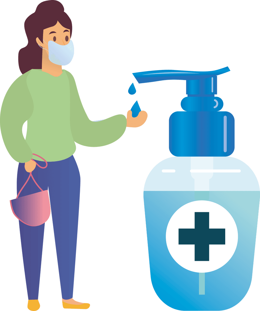 Woman Wearing Mask Using Hand Sanitizer Transparent PNG Illustration