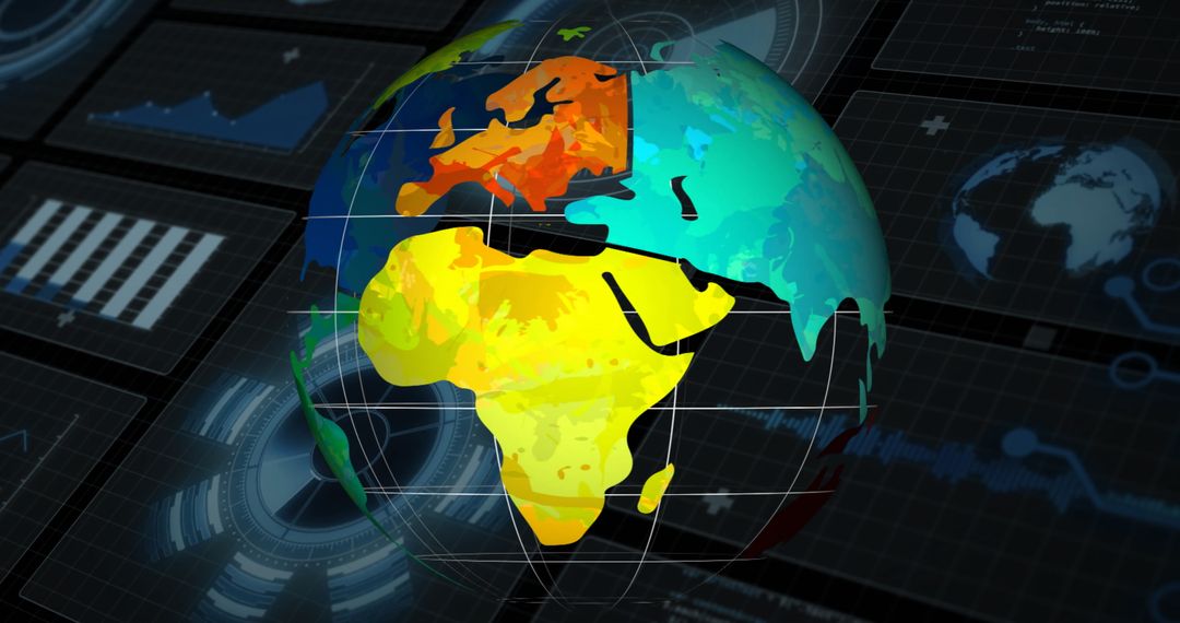 Futuristic 3D Globe Rotating on Digital Analytics Dashboard Display