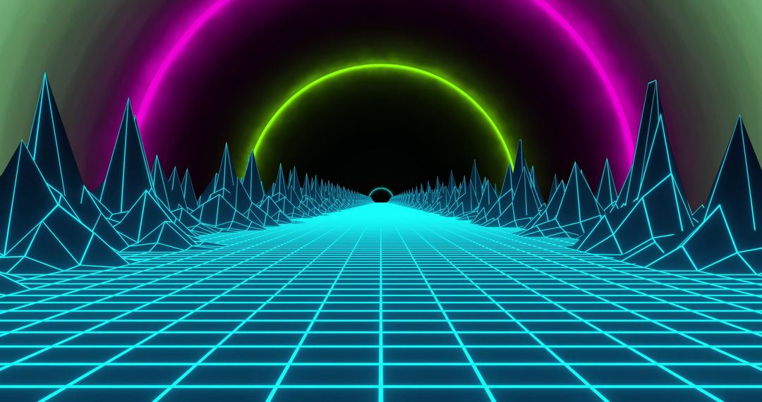 Futuristic Neon Horizon with Digital Grid Abstract