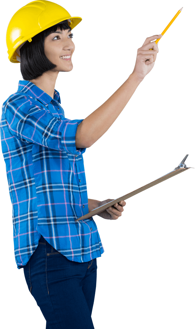 Transparent Smiling Female Architect with Clipboard Gesturing Ideas