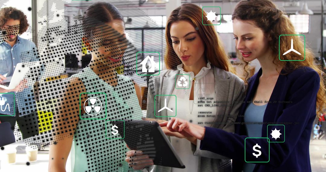 Team Analyzing Tablet with Green Digital Icons in Office