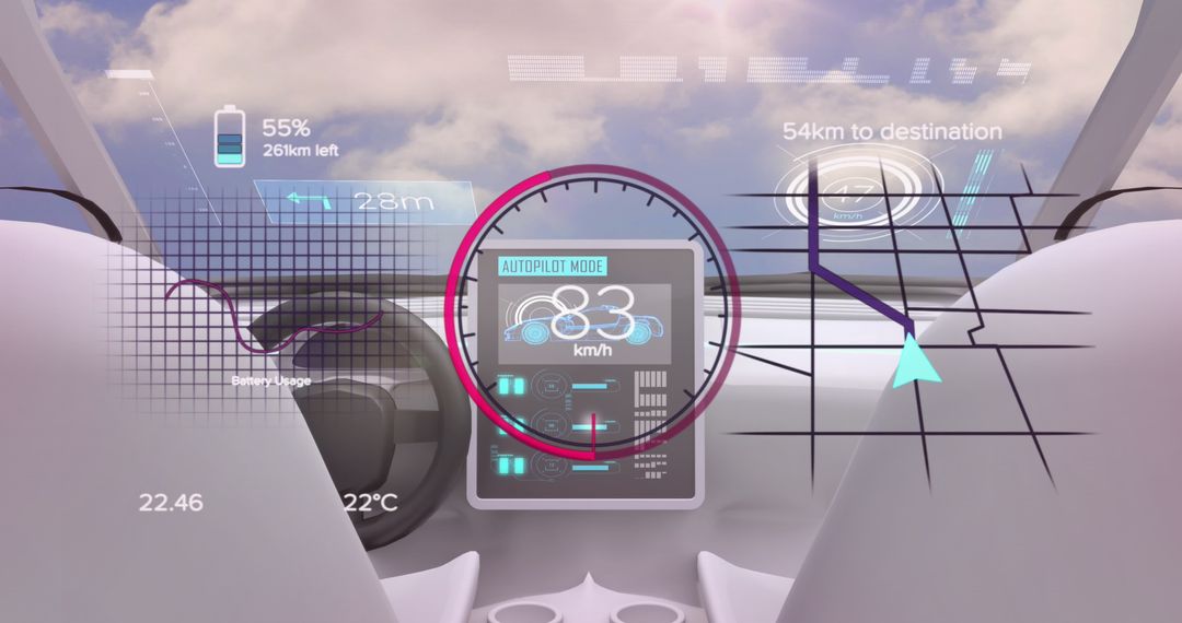 Futuristic Digital Car Dashboard with Autopilot and Navigation