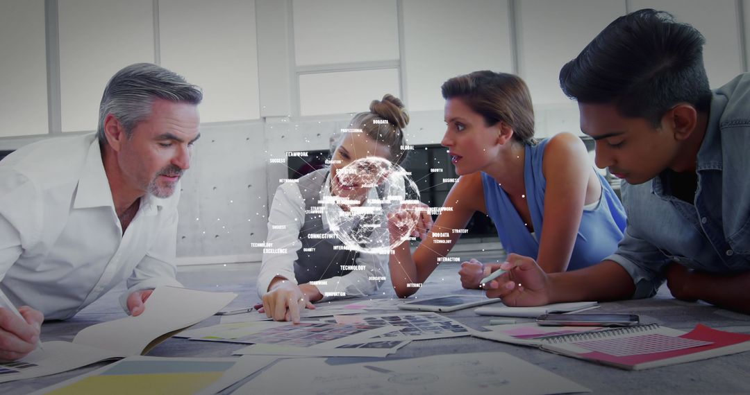Business Team Brainstorming with Futuristic Globe Visualization