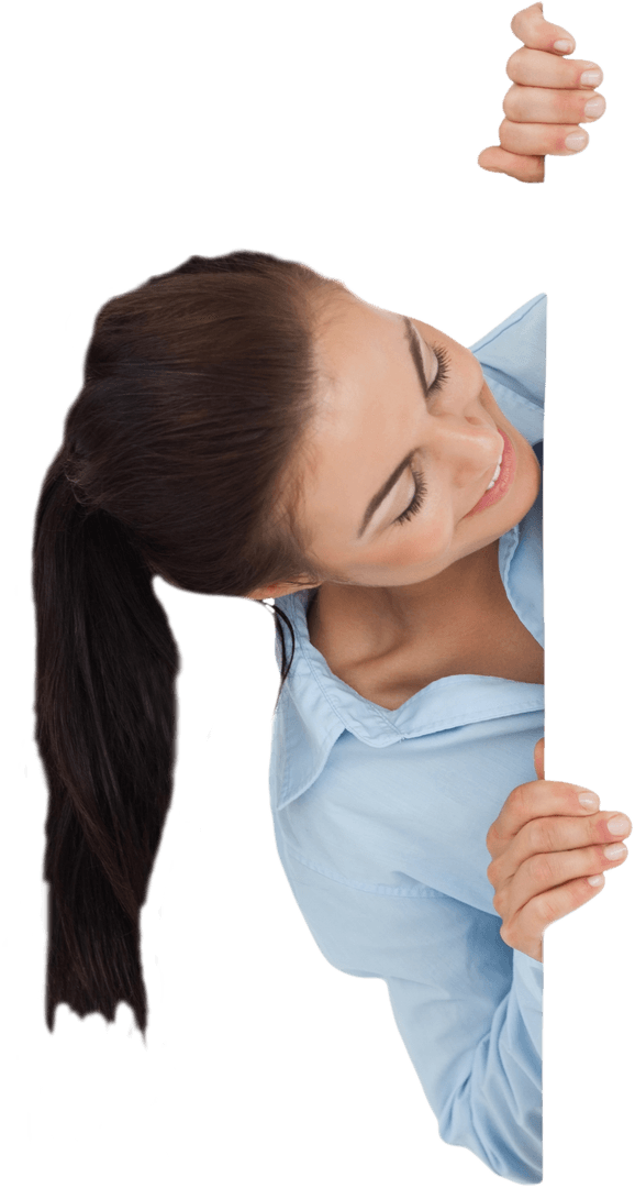 Smiling Businesswoman in Blue Shirt Peeking from Edge Outline Transparent