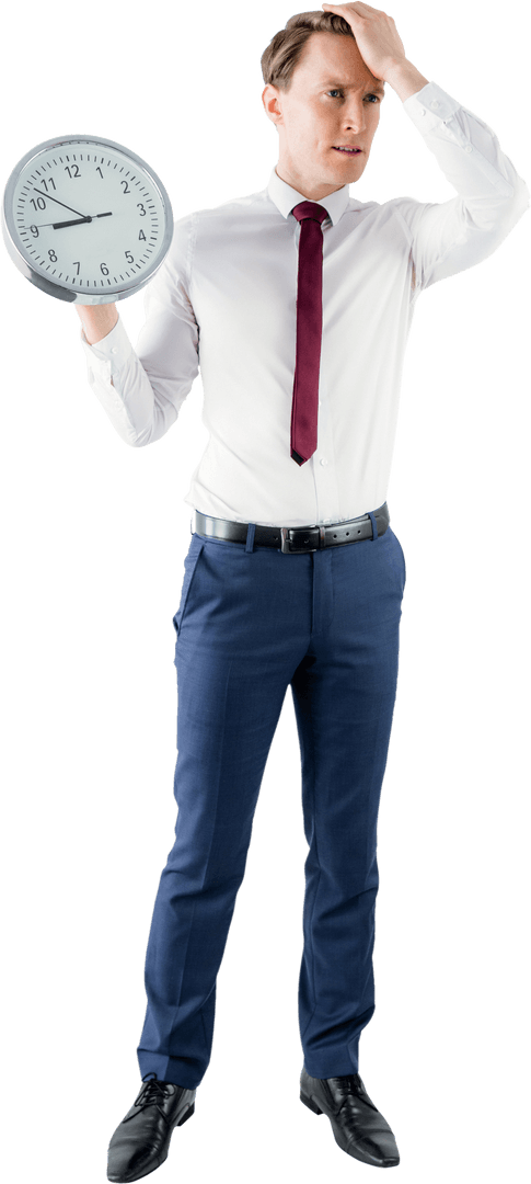 Anxious Businessman Holding Clock in Transparent Background