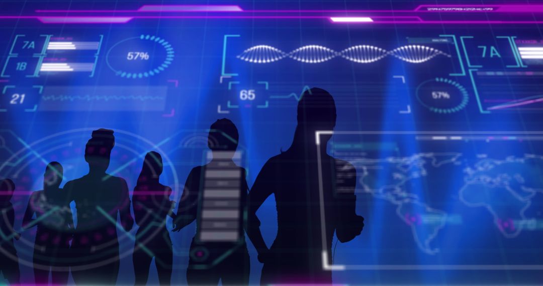 Silhouetted Athletes Running with Futuristic Data Interface