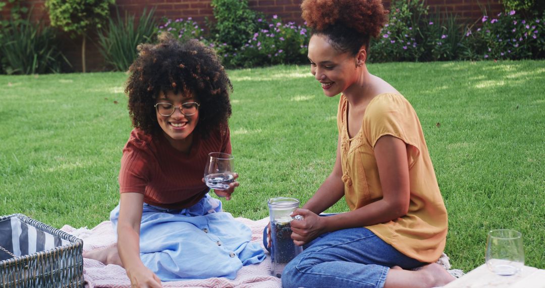 African American friends enjoying backyard picnic on blanket with pitcher and glasses
