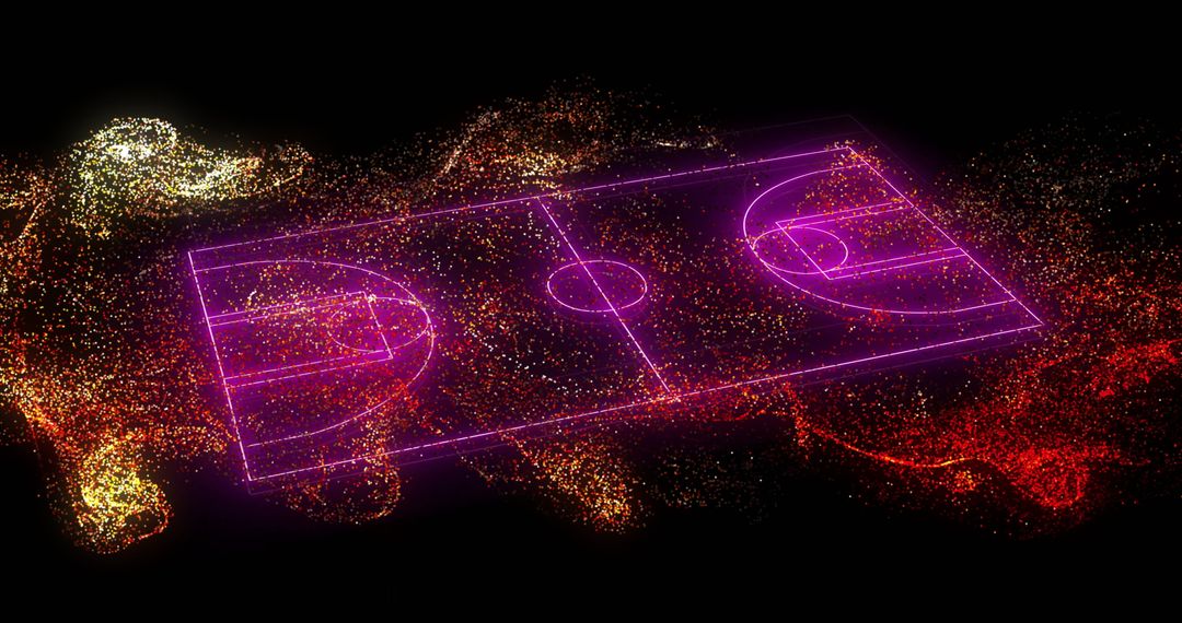 Glowing Neon Basketball Court with Abstract Particle Background