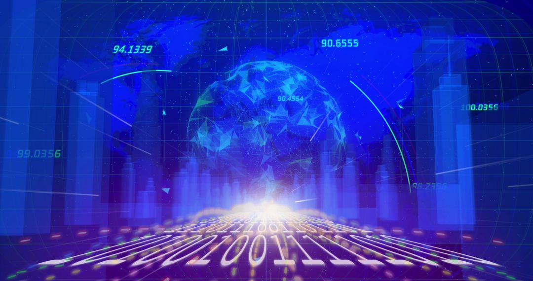 Digital Realm: Globe with Binary Code and Futuristic Cityscape