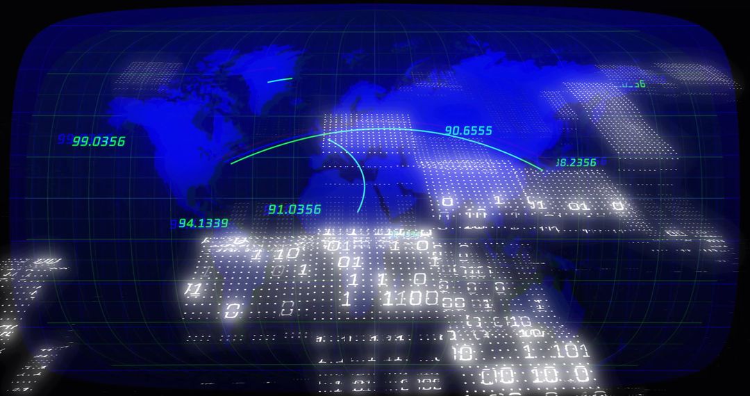 Digital World Map Display with Glowing Data Arcs and Binary Code