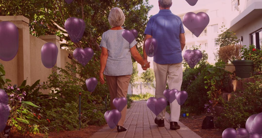 Couple Walking Hand in Hand Surrounded by Purple Hearts