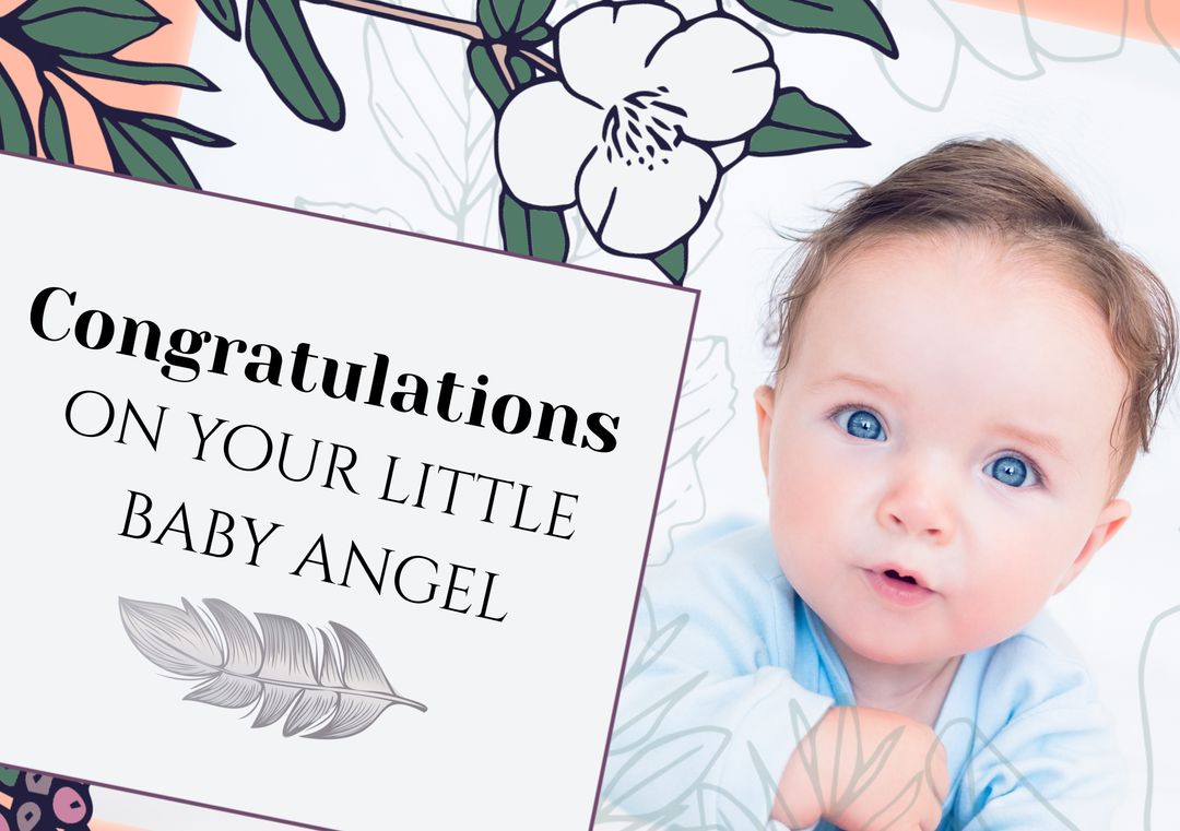 Cute Baby Announcement Greeting Card with Floral and Feather Design - Download Free Stock Templates Pikwizard.com