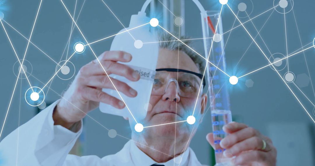 Caucasian Scientist Analyzing Data with Network Overlay