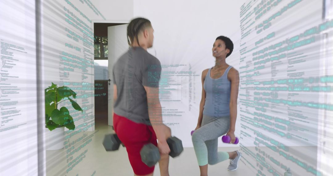 Couple doing weighted lunges with holographic code overlay for modern home fitness