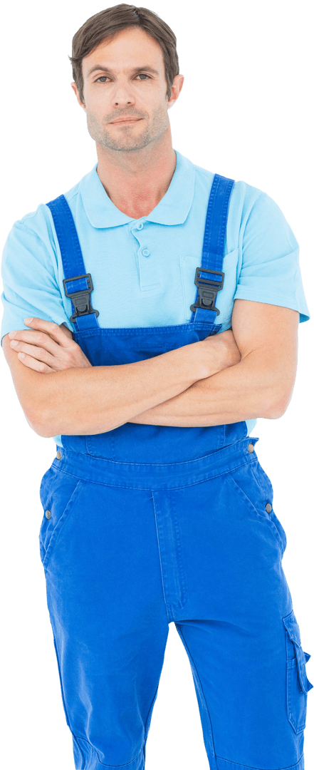 Transparent Confident Carpenter in Blue Overalls Crossing Arms
