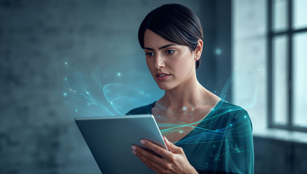 Young professional woman interacting with holographic tablet and digital data streams