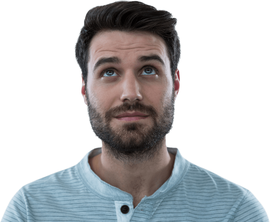Thoughtful Bearded Man Looking Up, Transparent Background