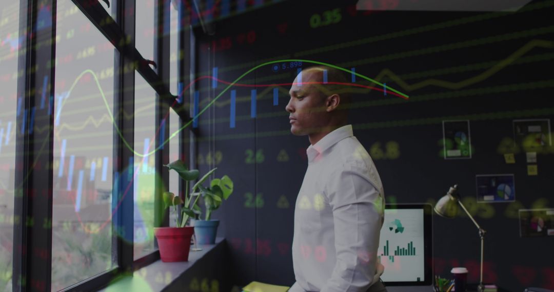 Pensive Businessman Analyzing Dynamic Financial Markets in Modern Office