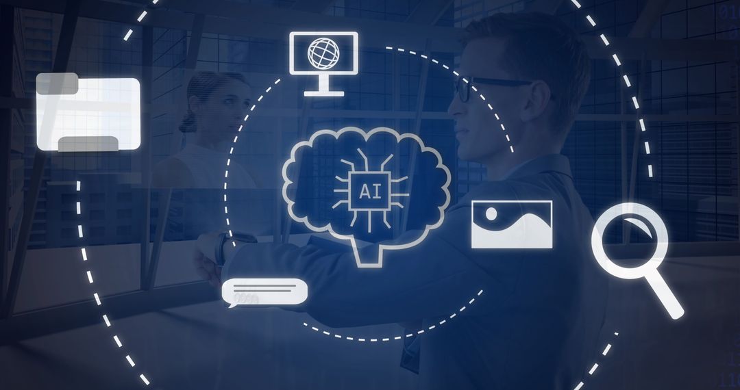 Concept of AI Data Processing with Icons on Blue Background