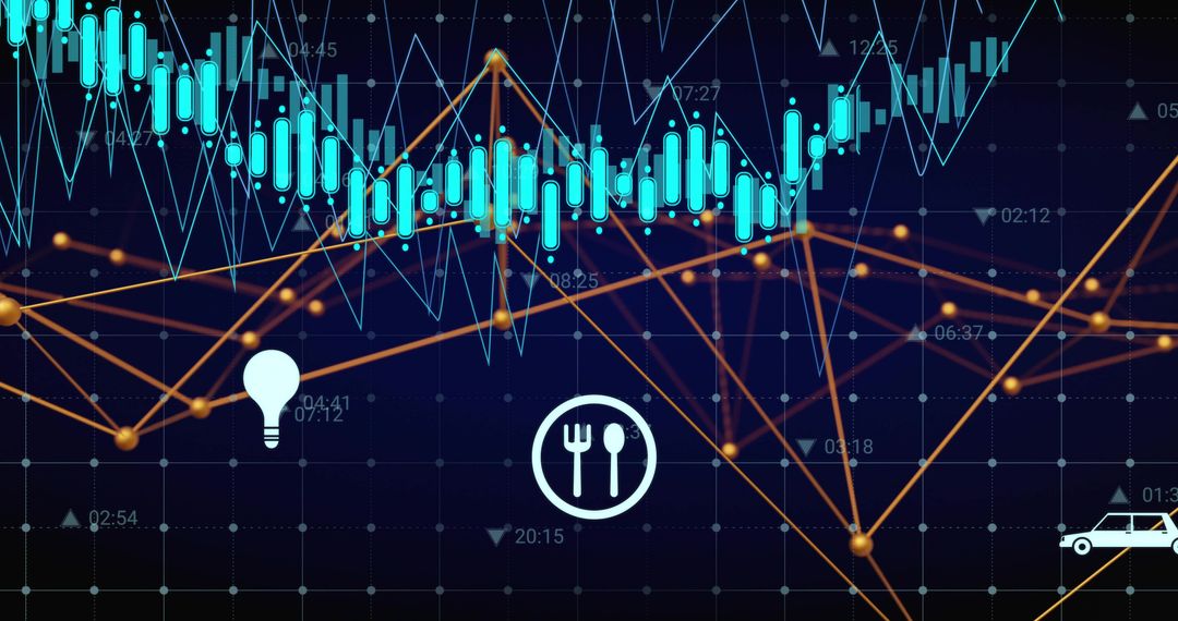 Multicolor Financial Dashboard Showing Cyan Candlesticks and Blue-Orange Trend Network Lines