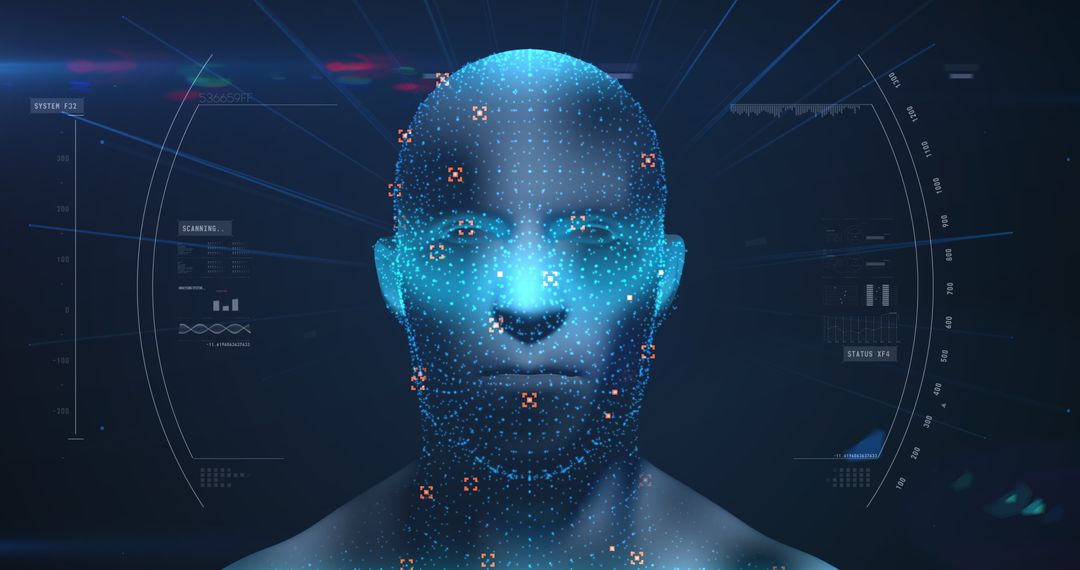 3D Blue Glowing Human Head with Data Processing Connections