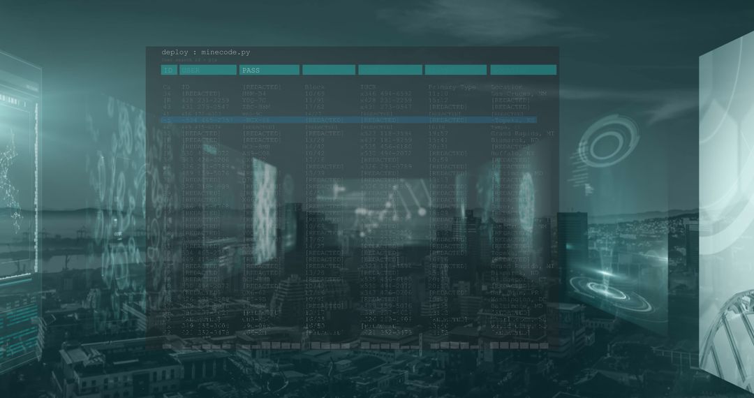 Futuristic Data Processing Overlay on Urban Cityscape at Night